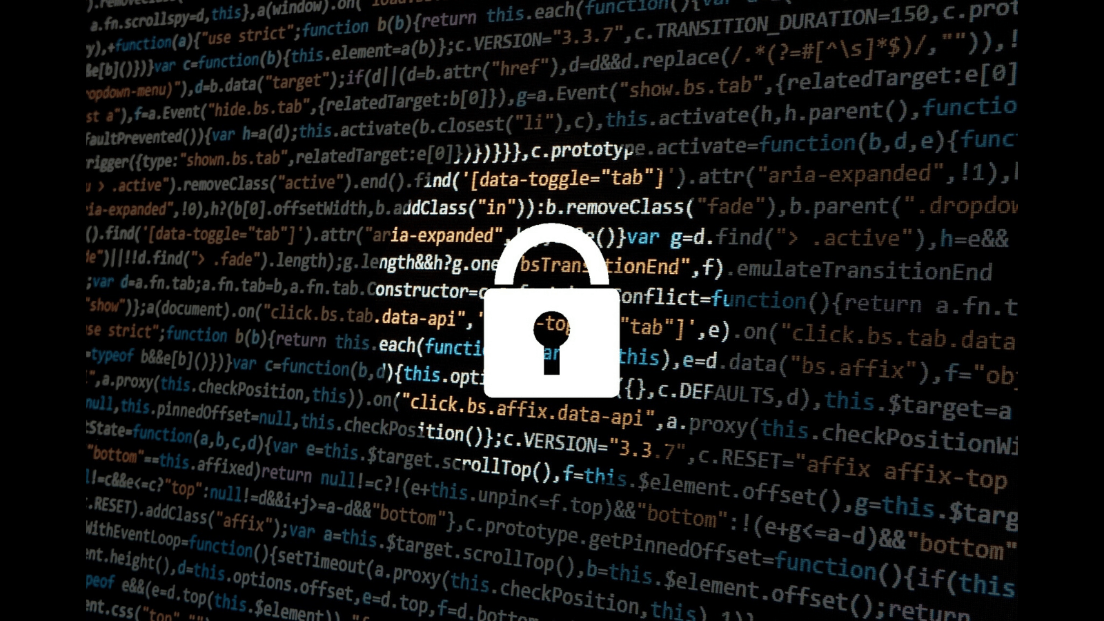 A graphic of programming code with a lock icon superimposed over top of it.