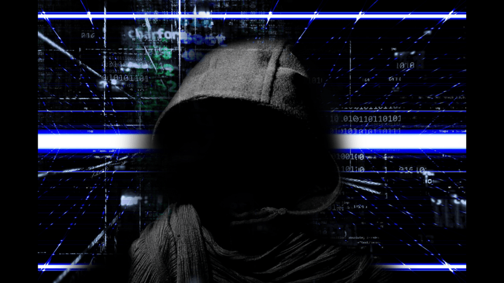 A graphic of a hooded figure imposed over a background with binary code and other programming languages.