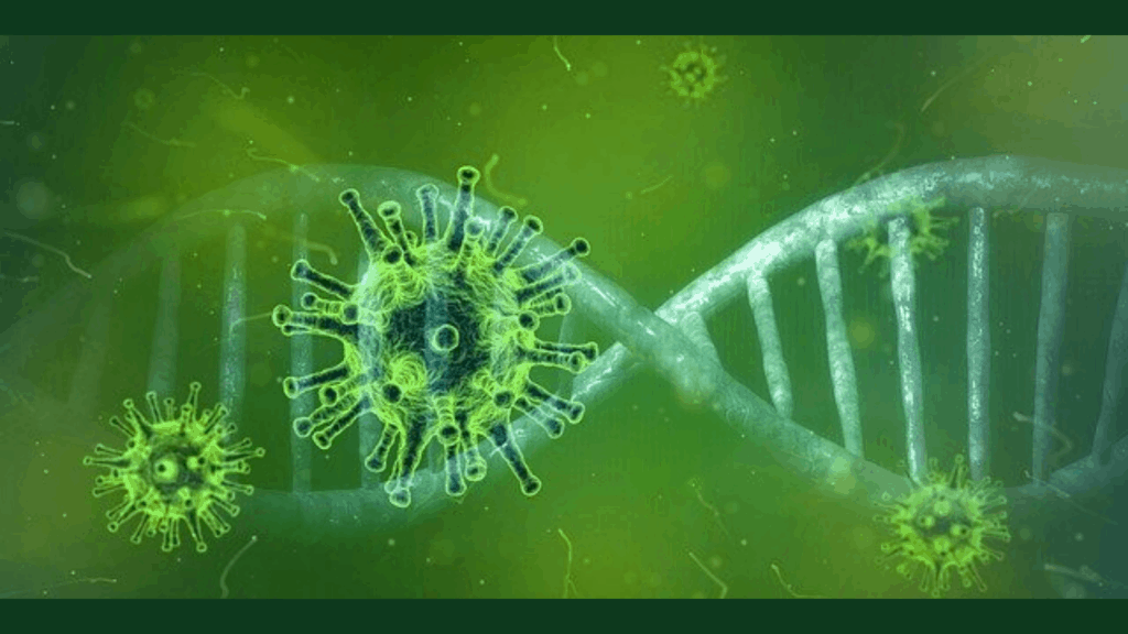 An image of the Covid-19 coronavirus and genetic code.