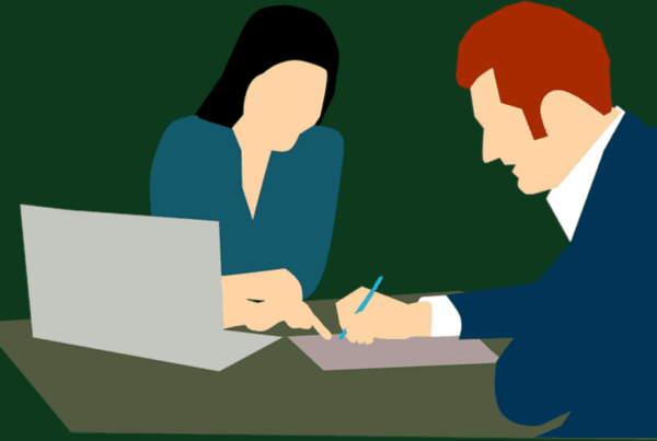 An illustration of a woman at a laptop pointing to a document where a man should sign.