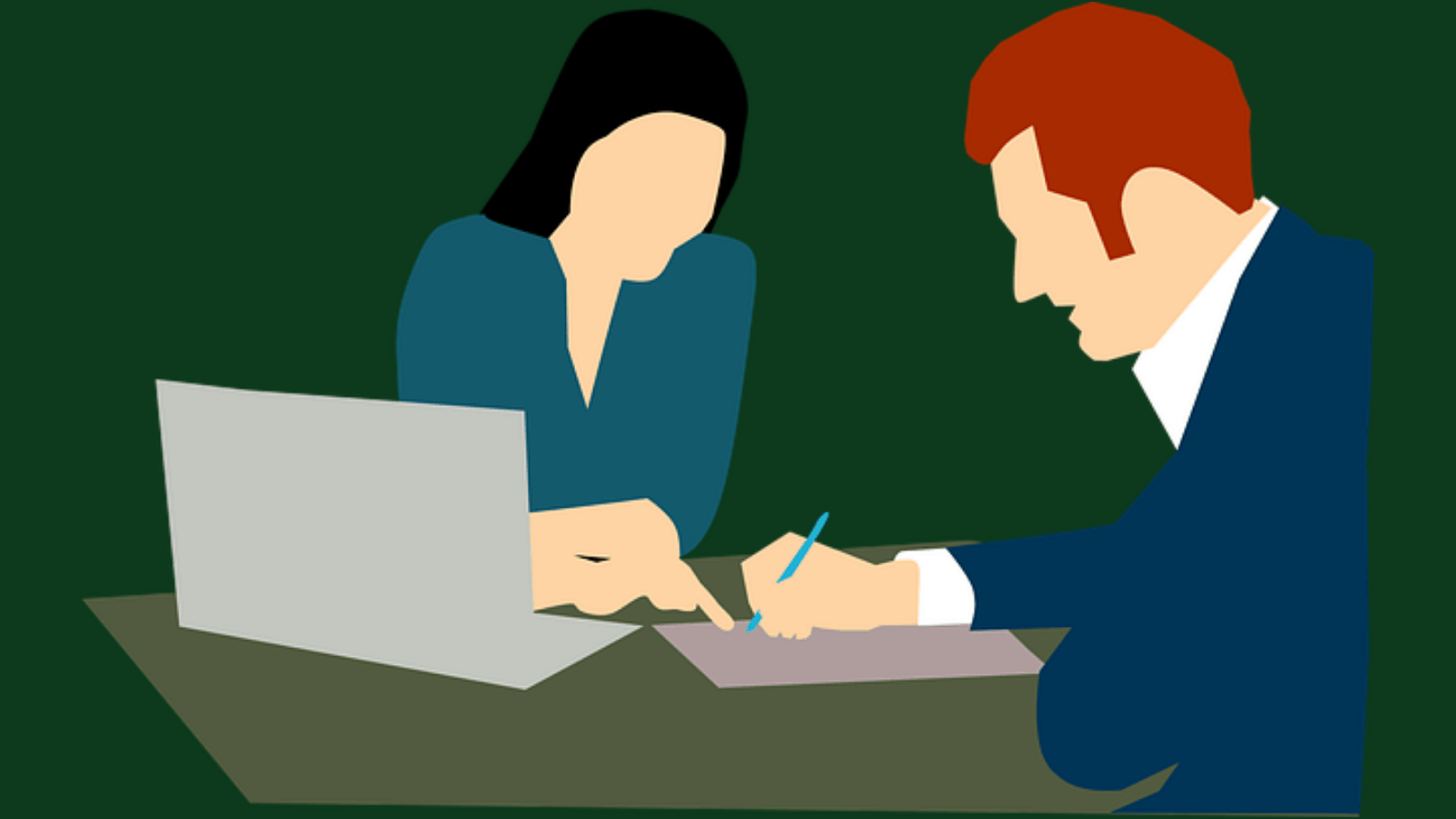 An illustration of a woman at a laptop pointing to a document where a man should sign.