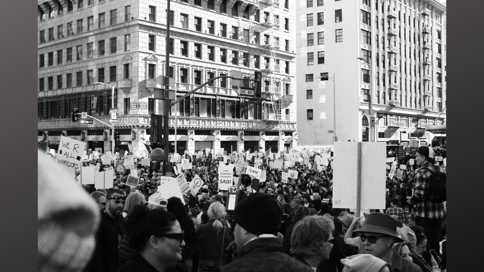A black and white photo of NYC protestors.