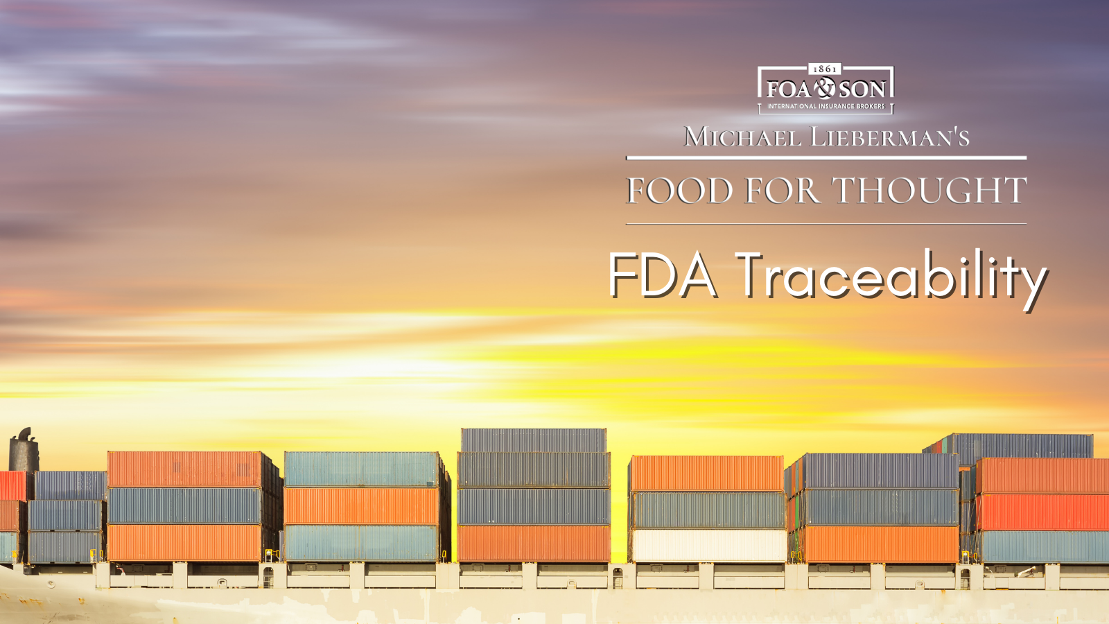 A graphic displaying cargo containers and entitled 'Michael Lieberman's Food for Thought: FDA Traceability'