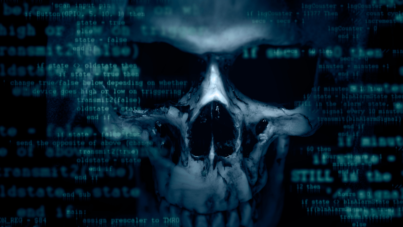 A graphic with a skull looking through software code.