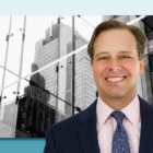 A photo of Justin Foa in front of a black & white photo of a NYC building.